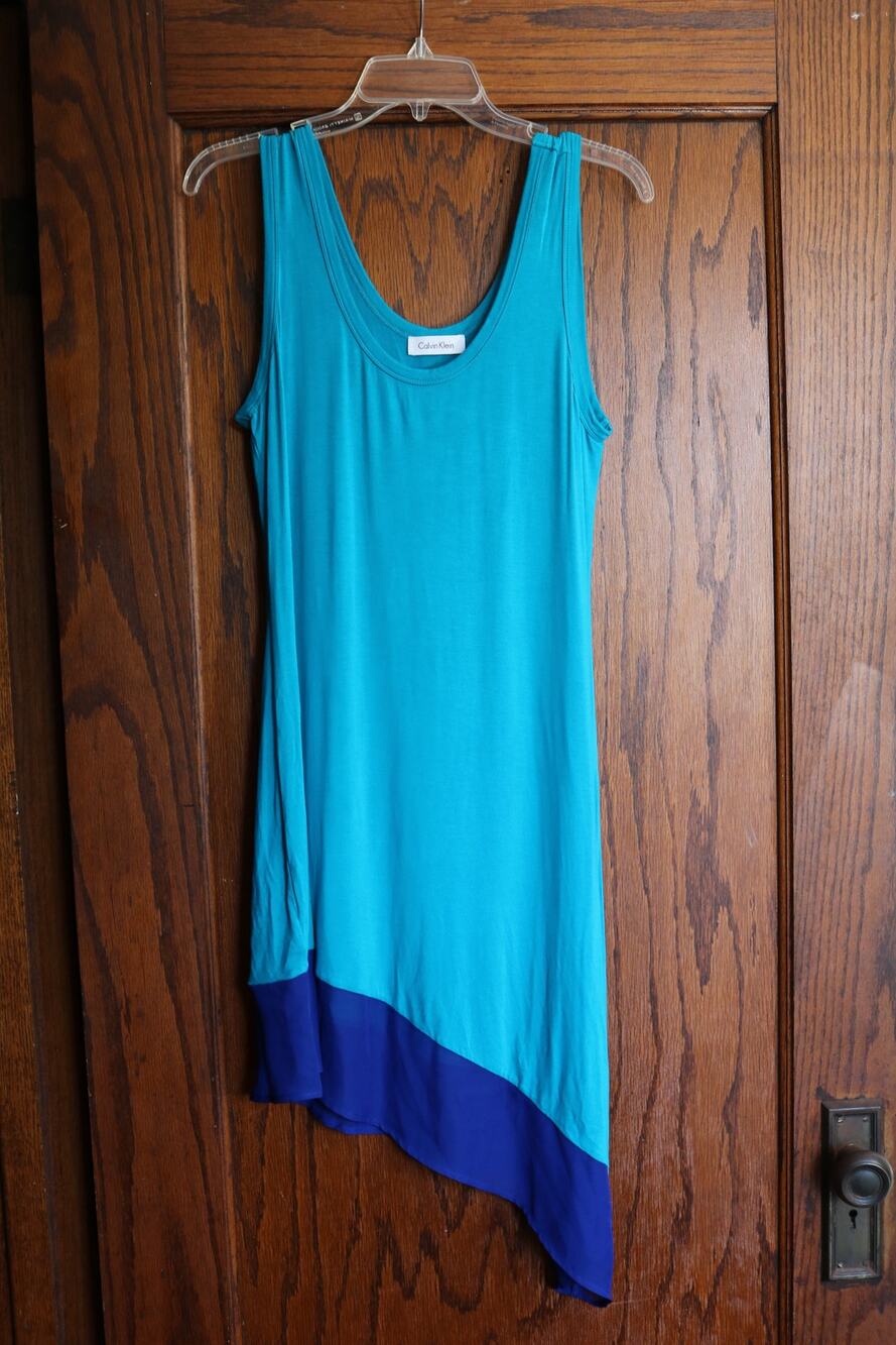 CALVIN KLEIN Dress Medium Aqua Blue Asymmetrical Sheer Ruffle‎ Sleeveless Beach